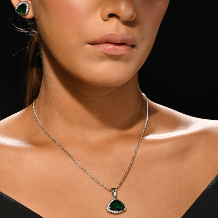 Abstract Emerald and Diamonds studded necklace with Matching Studs Earrings