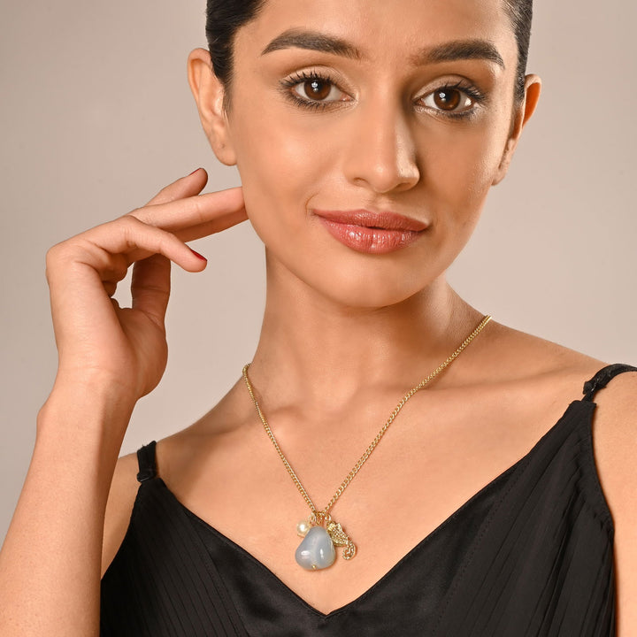 Aqua Semi Precious Stone with Sea Horse Charm Necklace with Ivory Glass Pearl on Fine Brass Metal Chain