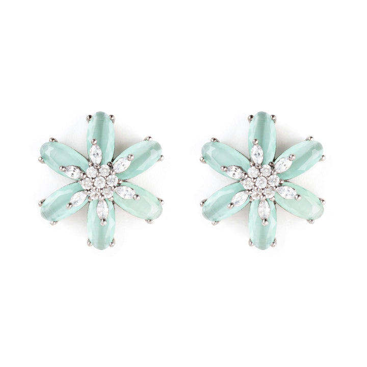 Jade Flower Earrings with Cubic Zirconia and Silver-Rhodium Plating
