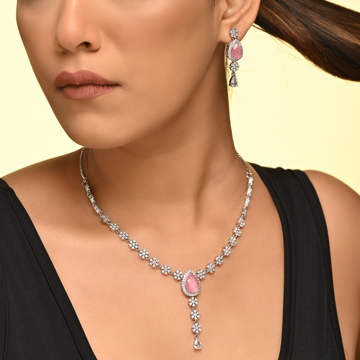 Rhodium Plated Pink Sapphire and Diamond Necklace Set .