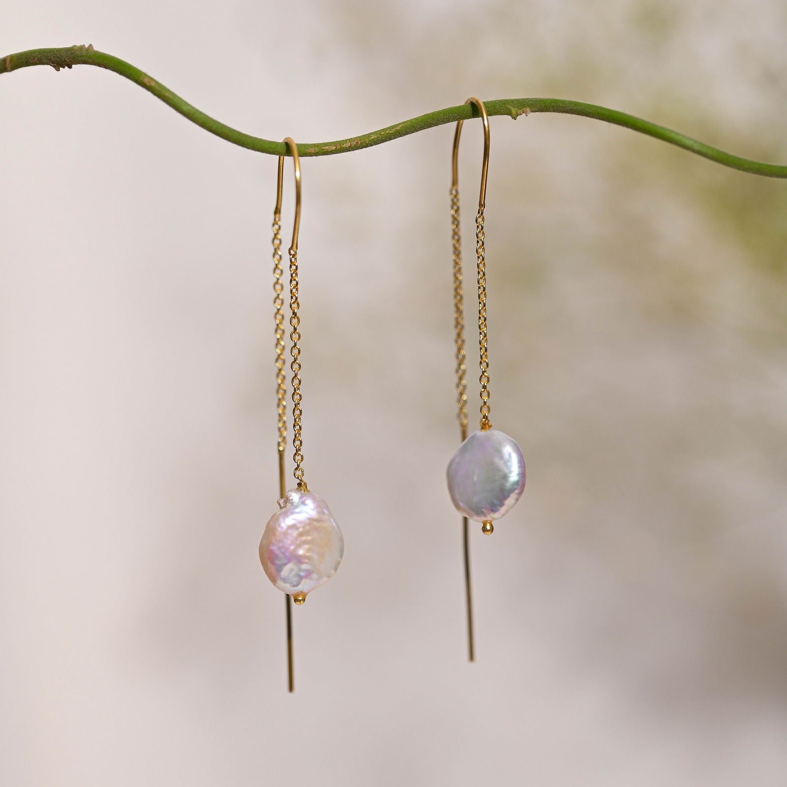 18k Gold Plated Everyday Wear Baroque Pearl Thread Earrings