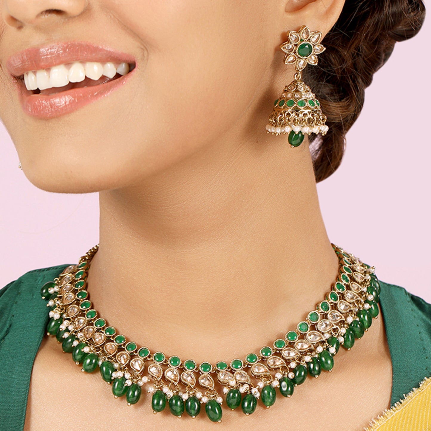 Emerald Green Antique Gold Finish Necklace and Earrings Set
