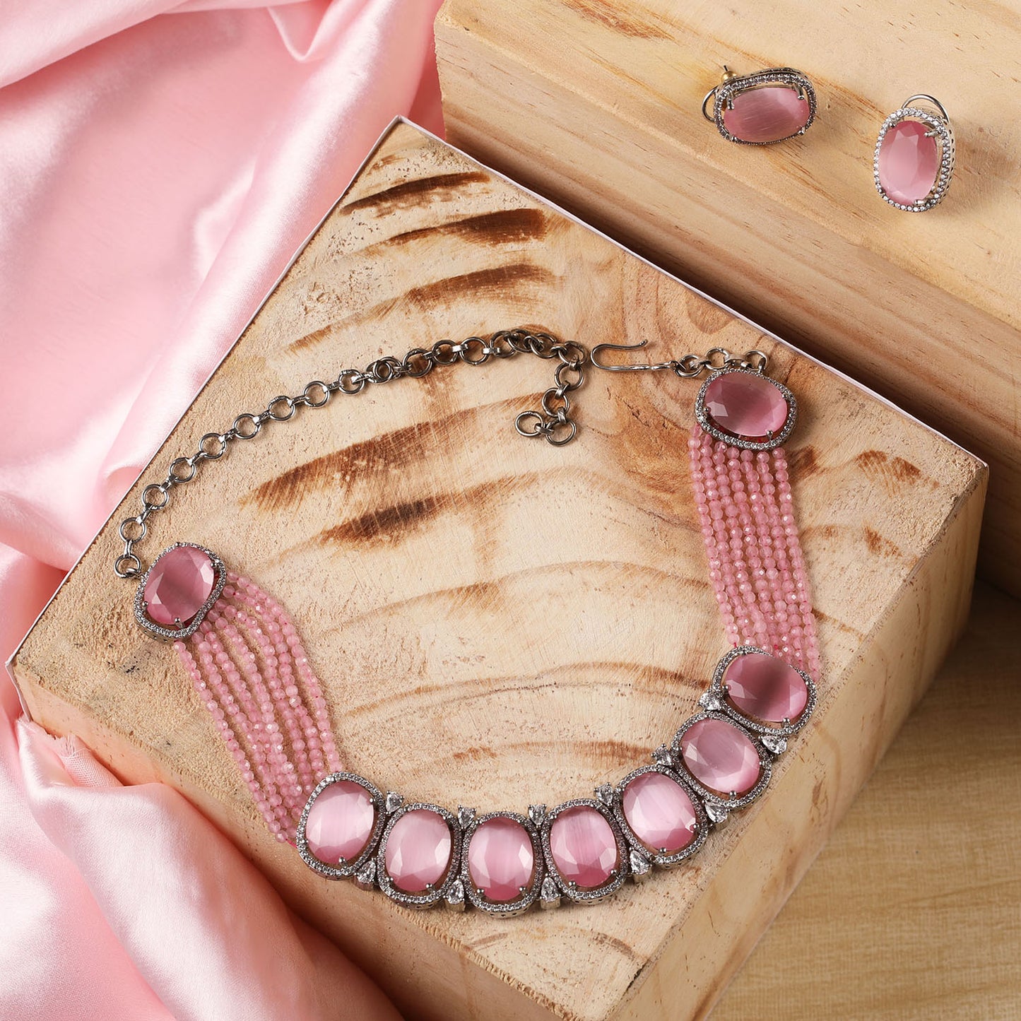 Baby Pink American Diamond Choker Necklace Set with Earrings