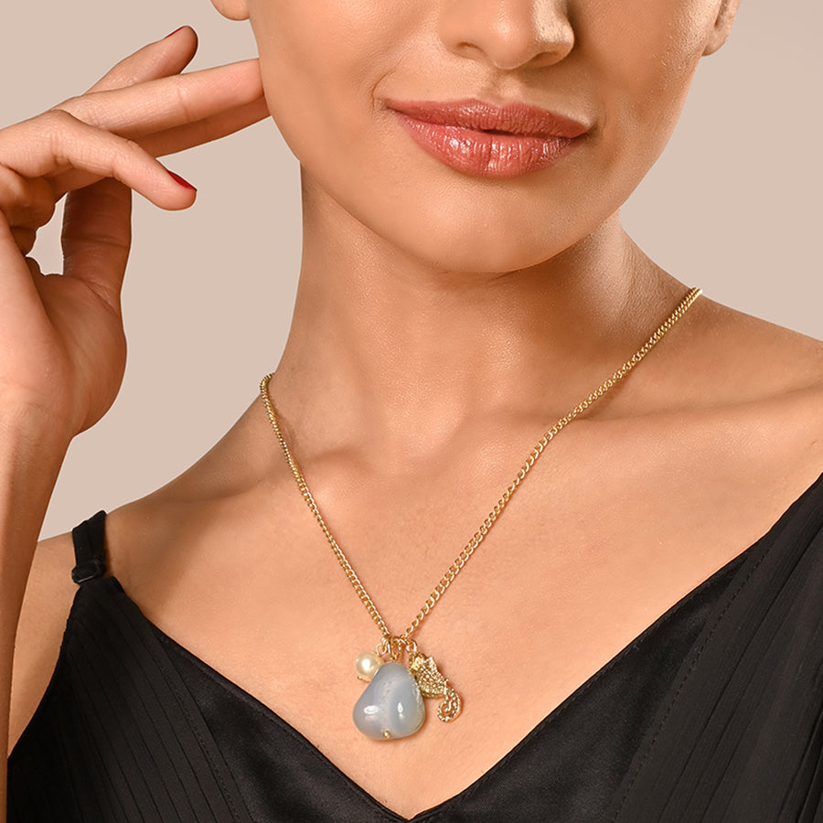Aqua Semi Precious Stone with Sea Horse Charm Necklace with Ivory Glass Pearl on Fine Brass Metal Chain
