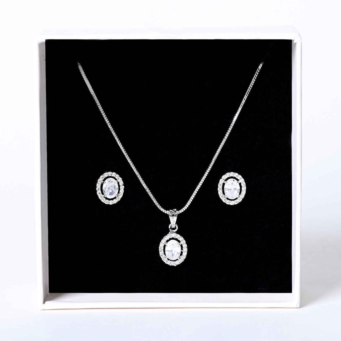 Oval Shaped American Diamond Crystal Pendant Set With Earrings