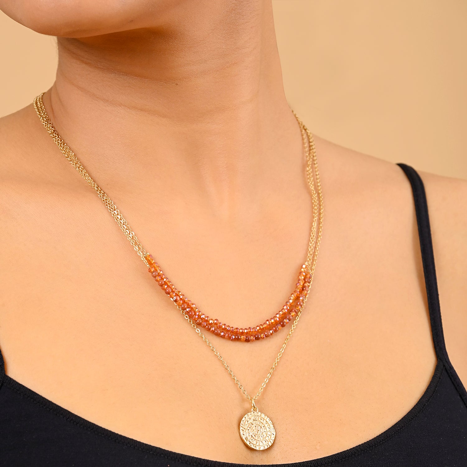 Semi Precious Stones Coin Charm Pendant Layared Necklace
