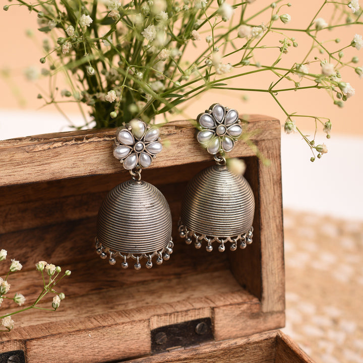 Silver Floral Jhumka Earrings