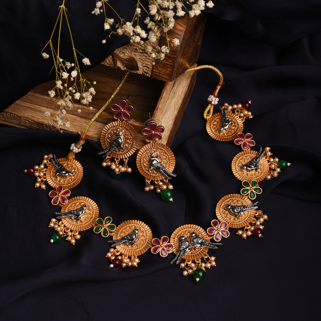 Traditional Peacock Design Necklace Set with Earrings