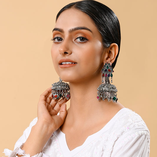 Esha Light Weight Oxidised Jhumka Earrings