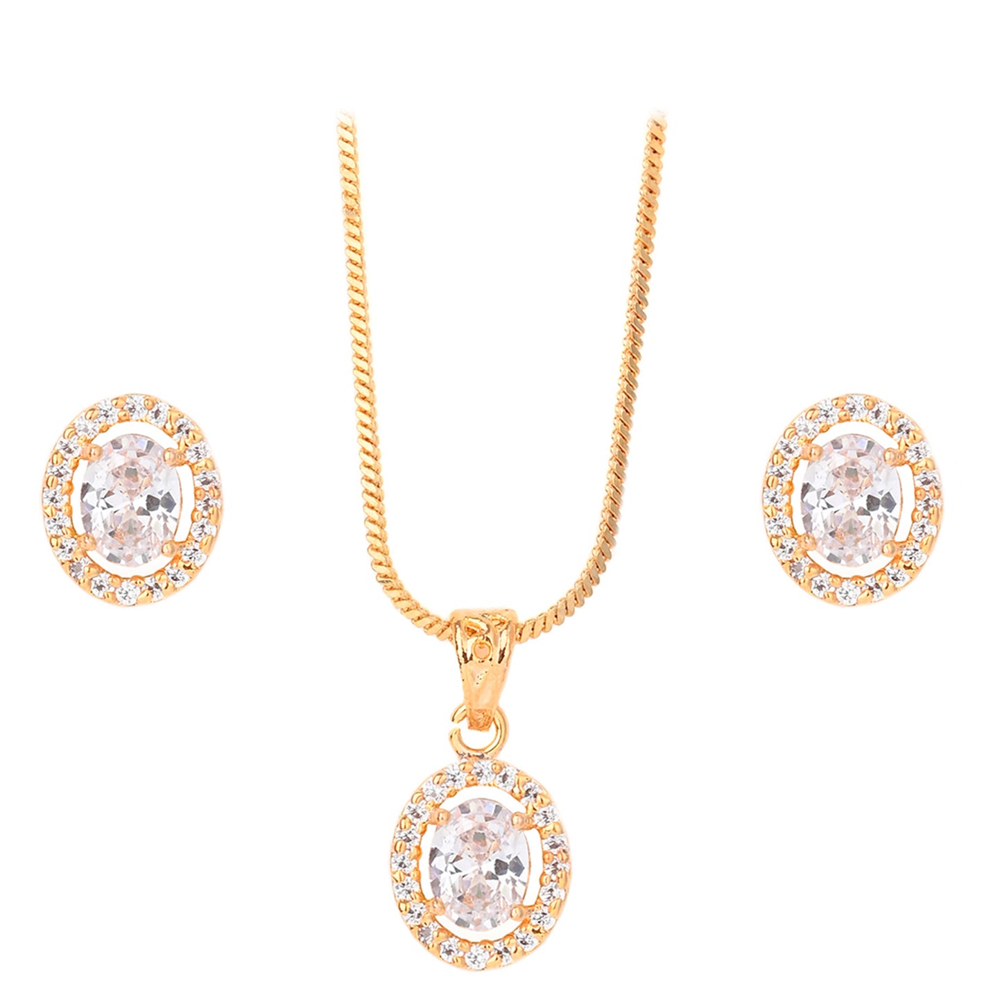 Oval Shaped American Diamond Crystal Pendant Set With Earrings