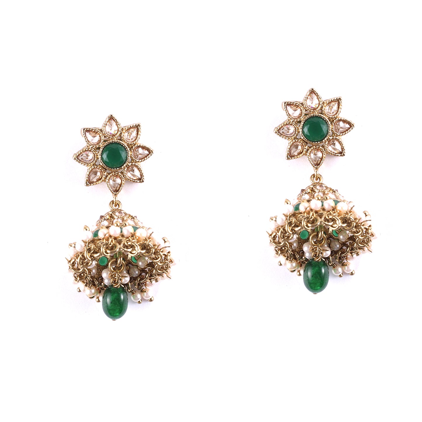 Emerald Green Antique Gold Finish Necklace and Earrings Set
