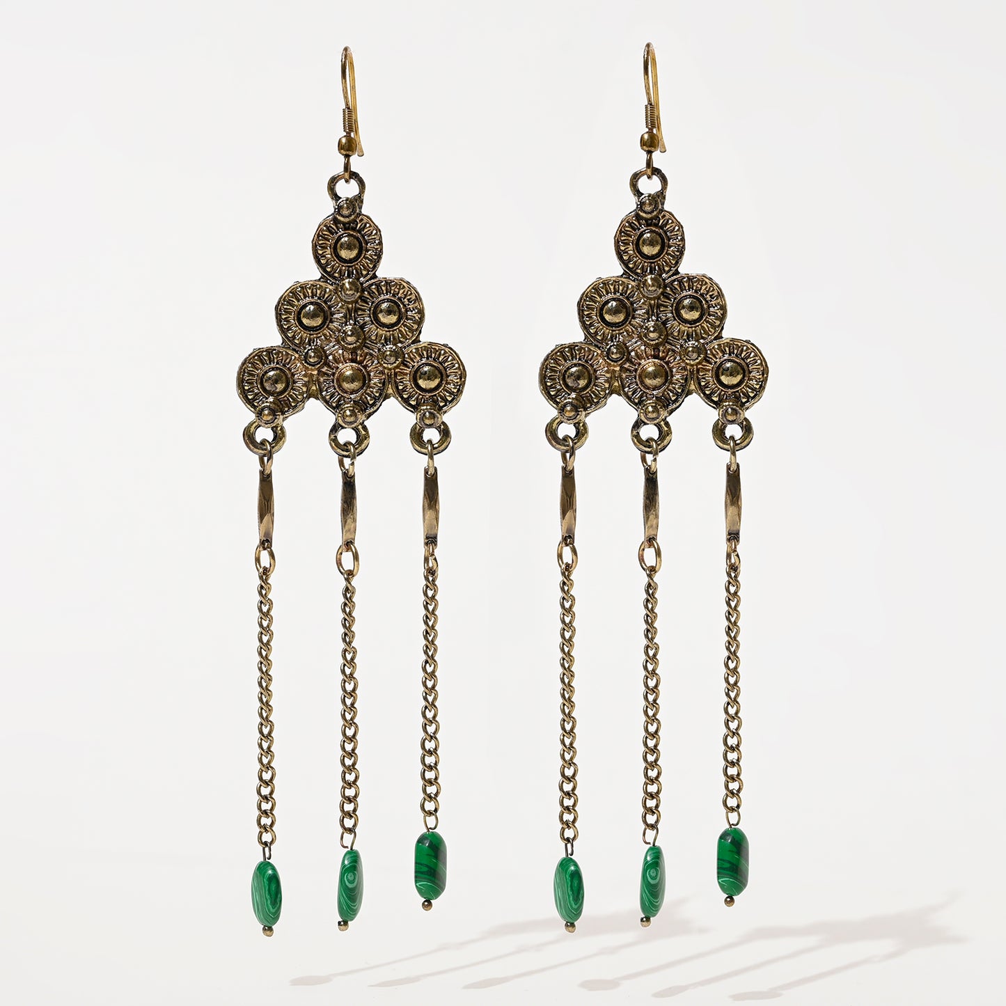 Antique Gold Green Semi-Precious Chain Drop Earrings