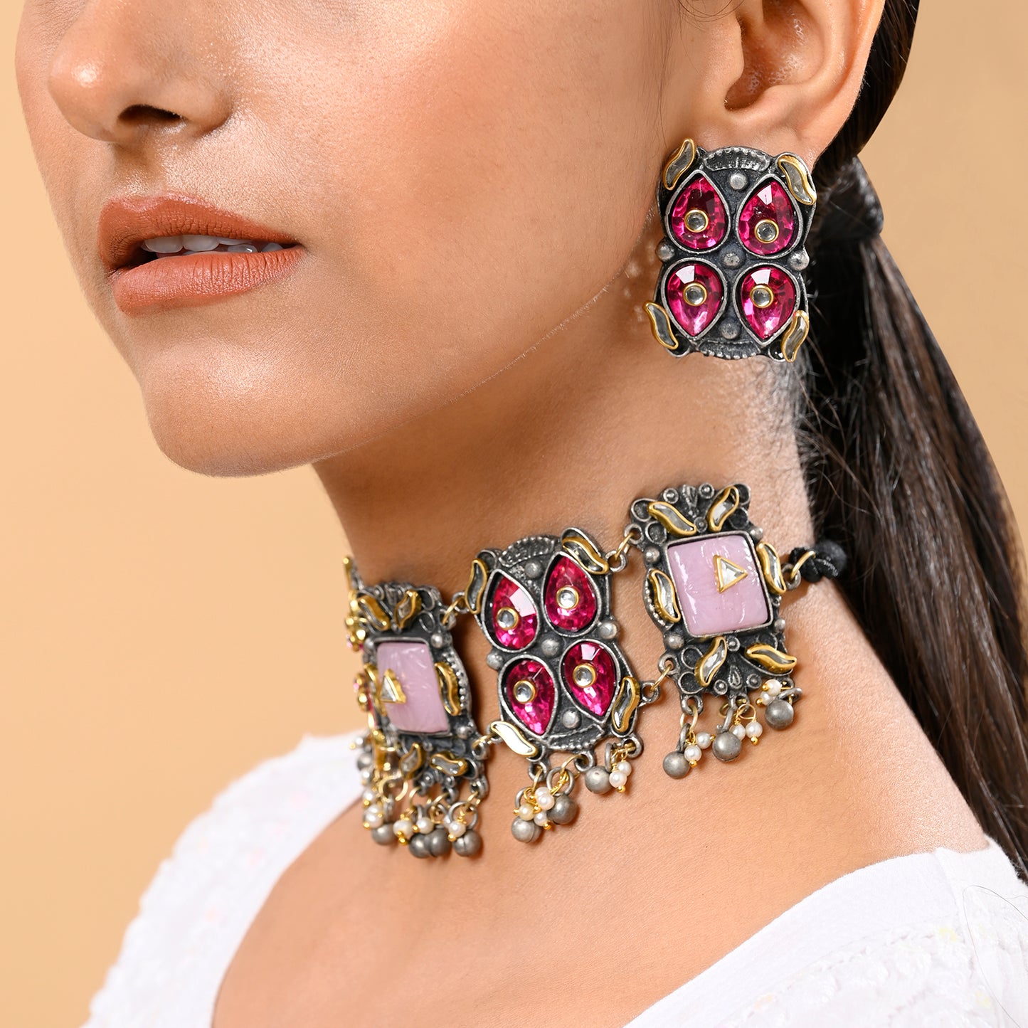 Pink Silver Oxidized Choker Jewelery Set