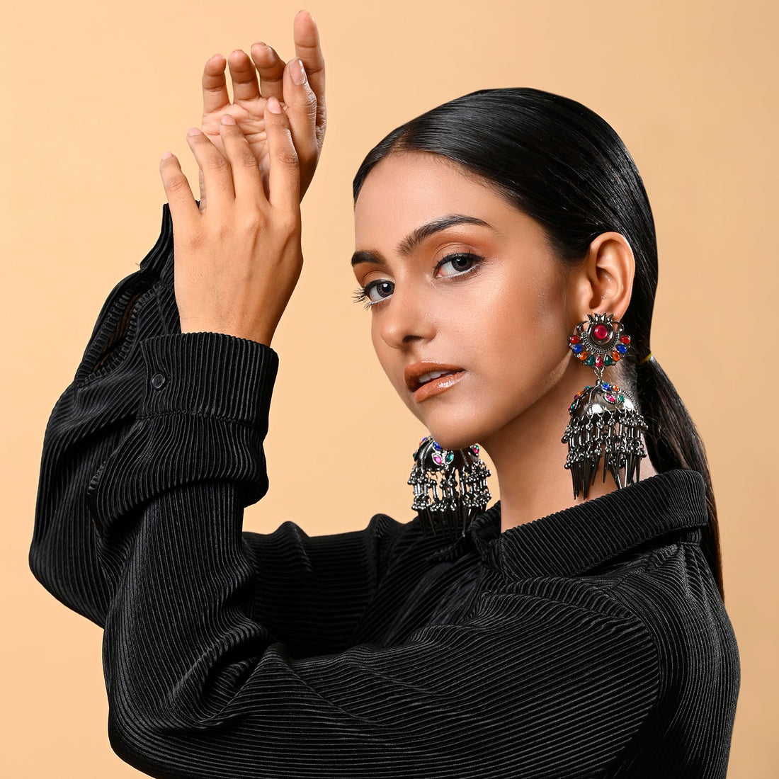 Aadhara Light Weight Oxidised Jhumka Earrings