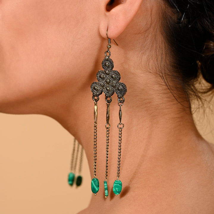 Antique Gold Green Semi-Precious Chain Drop Earrings