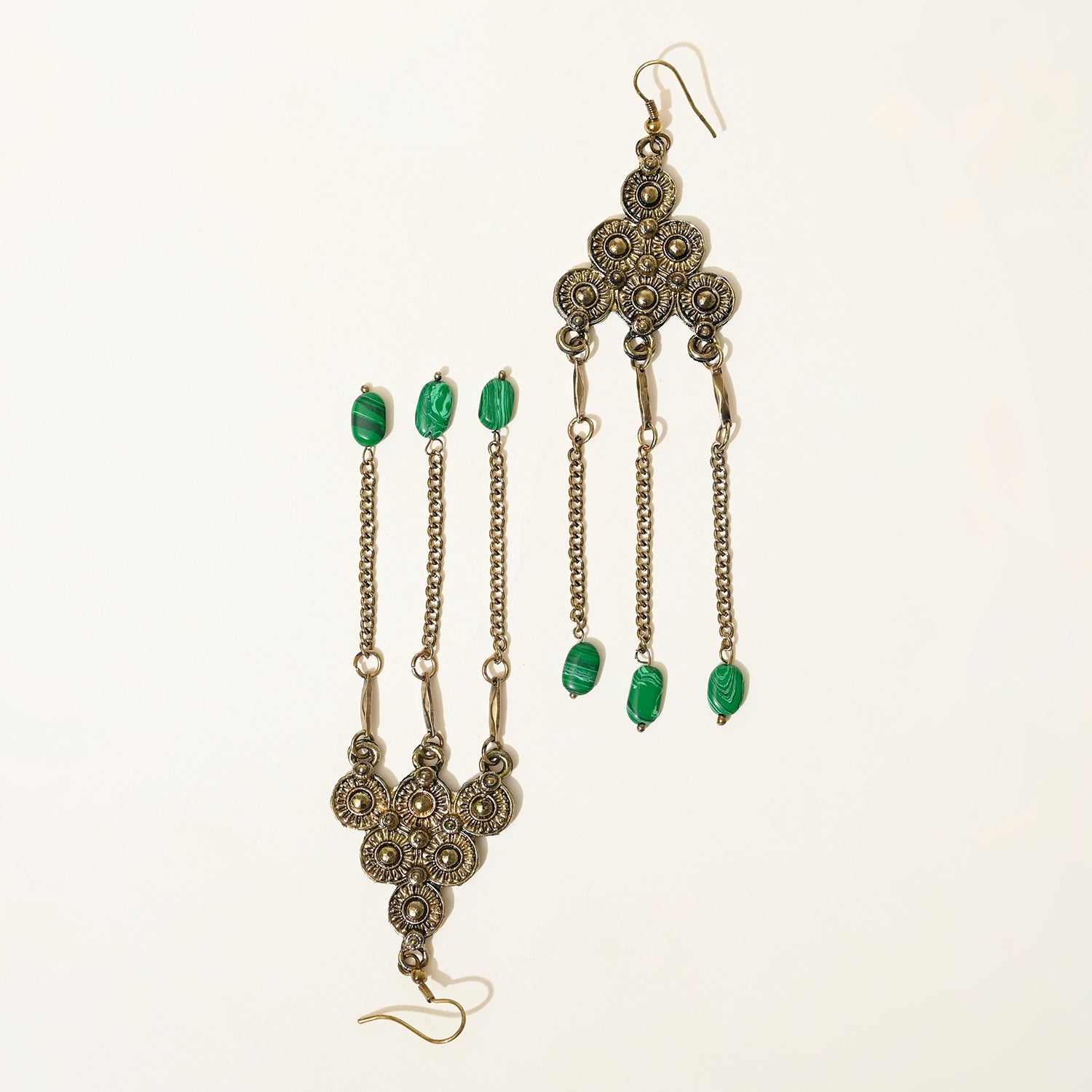 Antique Gold Green Semi-Precious Chain Drop Earrings