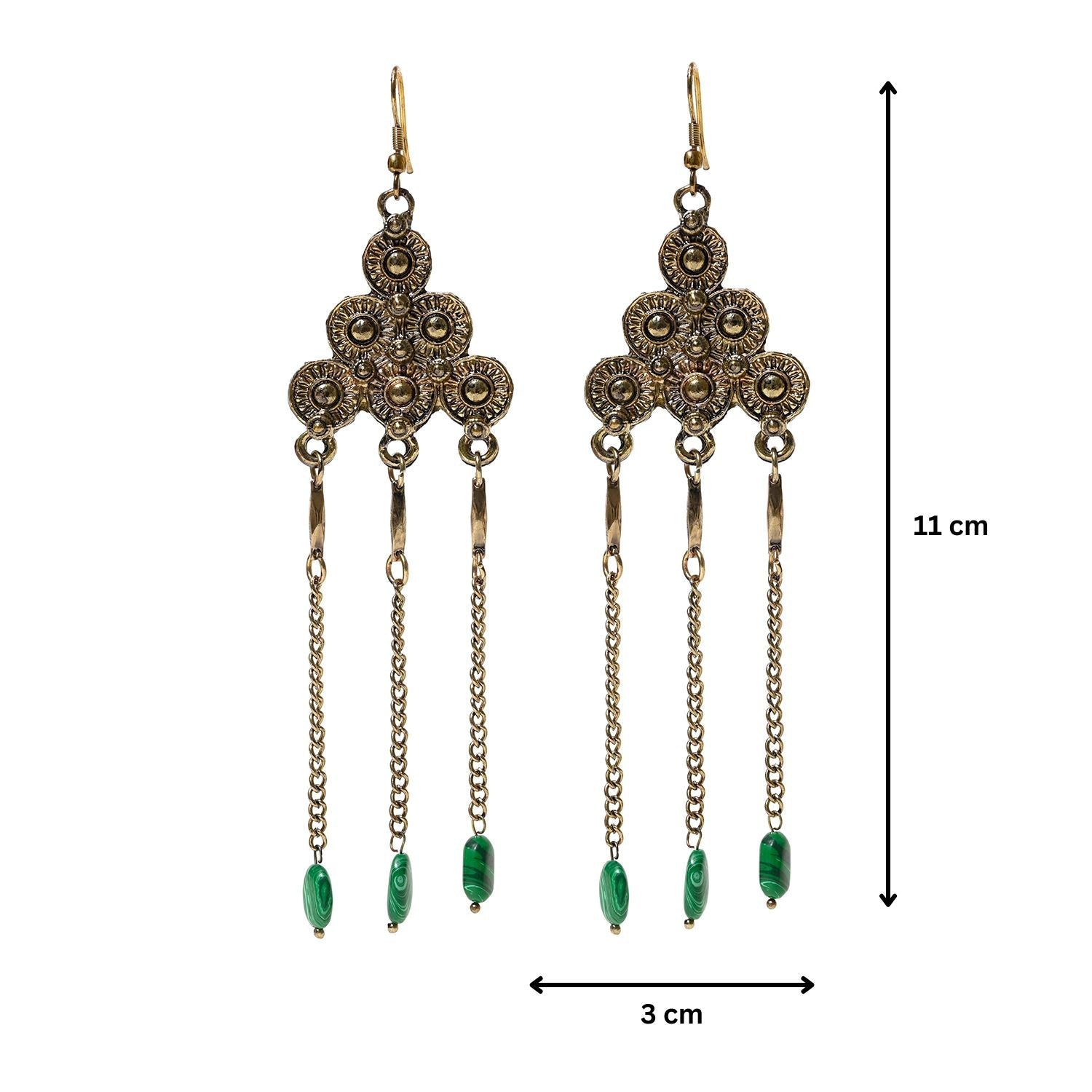 Antique Gold Green Semi-Precious Chain Drop Earrings