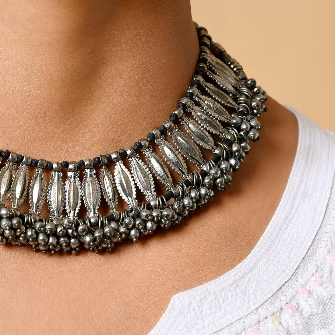 Antique Silver Metallic Hanging Choker Necklace