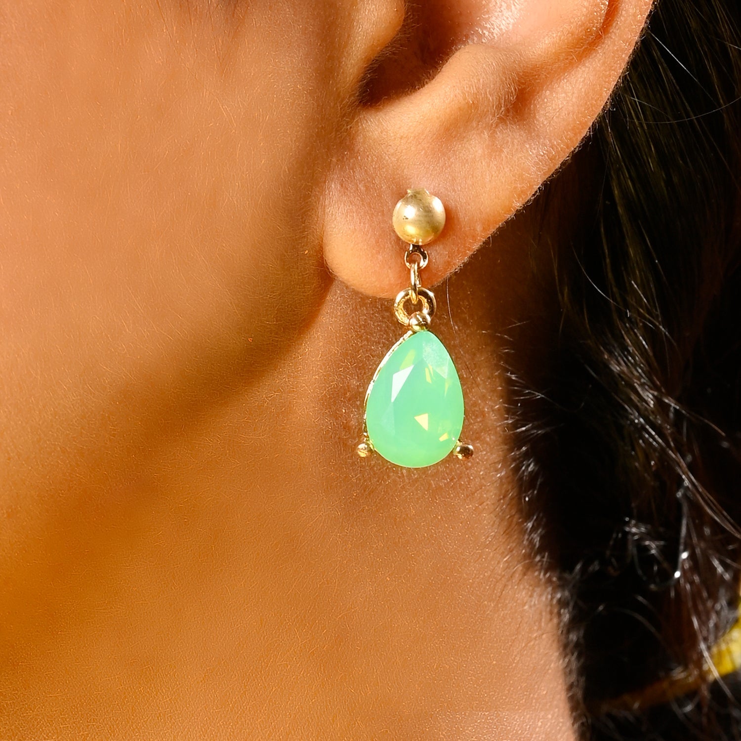 Aqua Opal Drop Gold Stud Earrings with Crystals for Women and Girls