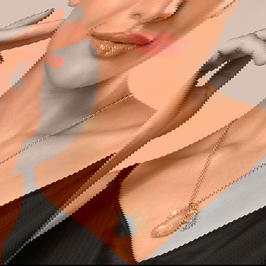 Aqua Semi Precious Stone with Sea Horse Charm Necklace with Ivory Glass Pearl on Fine Brass Metal Chain