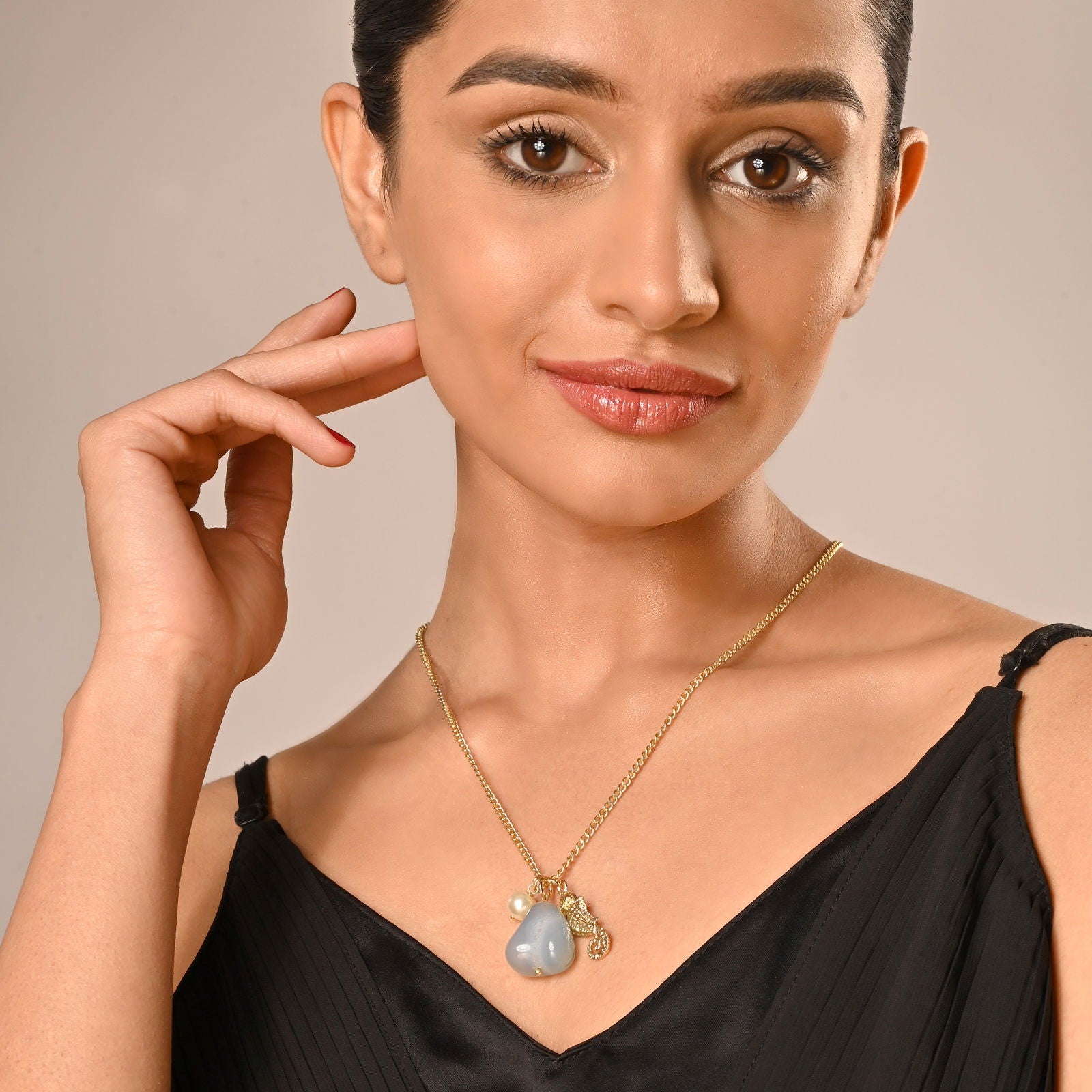 Aqua Semi Precious Stone with Sea Horse Charm Necklace with Ivory Glass Pearl on Fine Brass Metal Chain