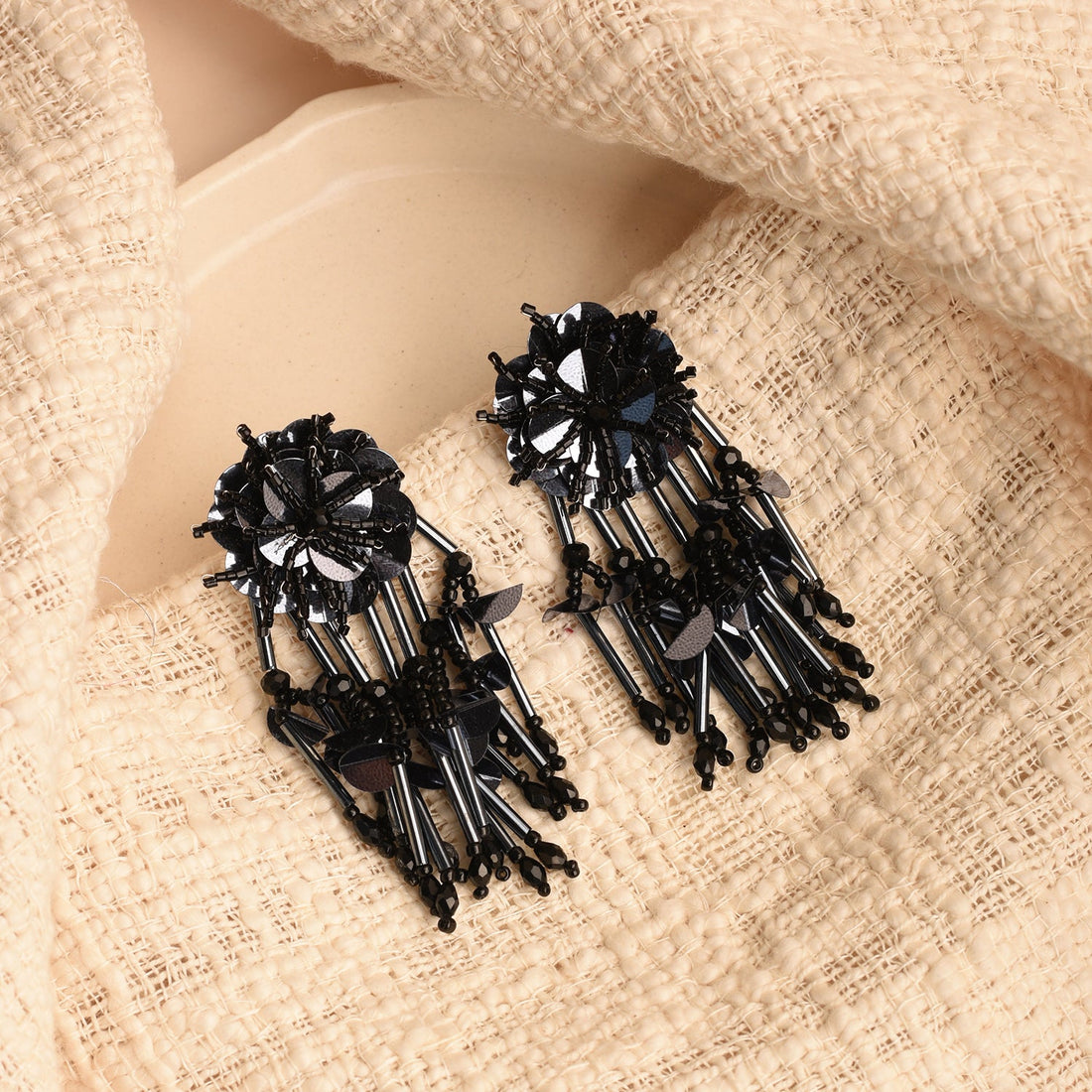 Black Beaded Dangle Earrings