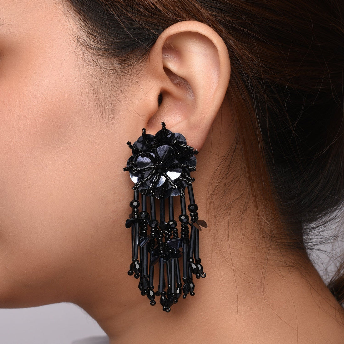 Black Beaded Dangle Earrings