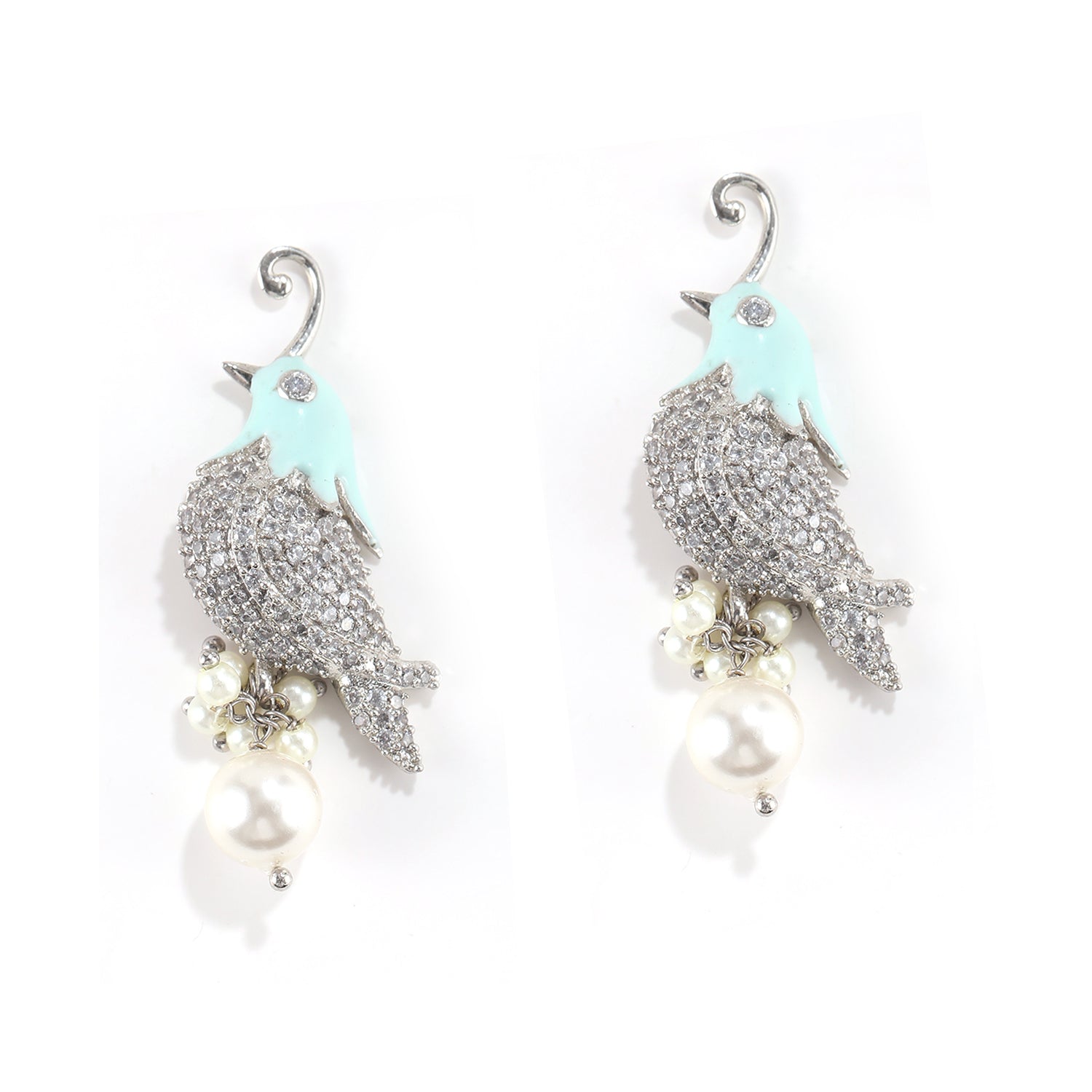 Blue Bird and Pearl Earrings with Cubic Zirconia