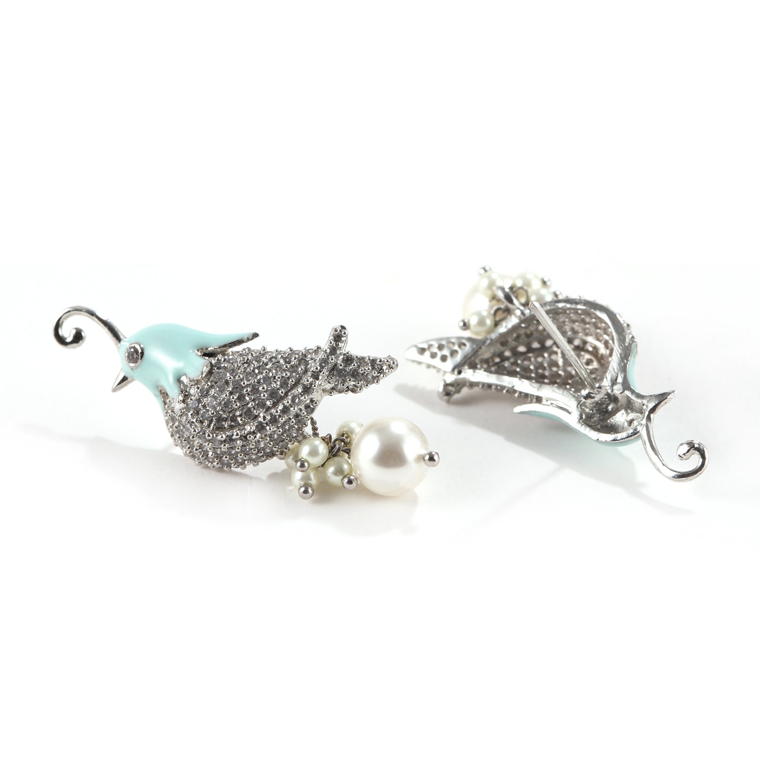 Blue Bird and Pearl Earrings with Cubic Zirconia