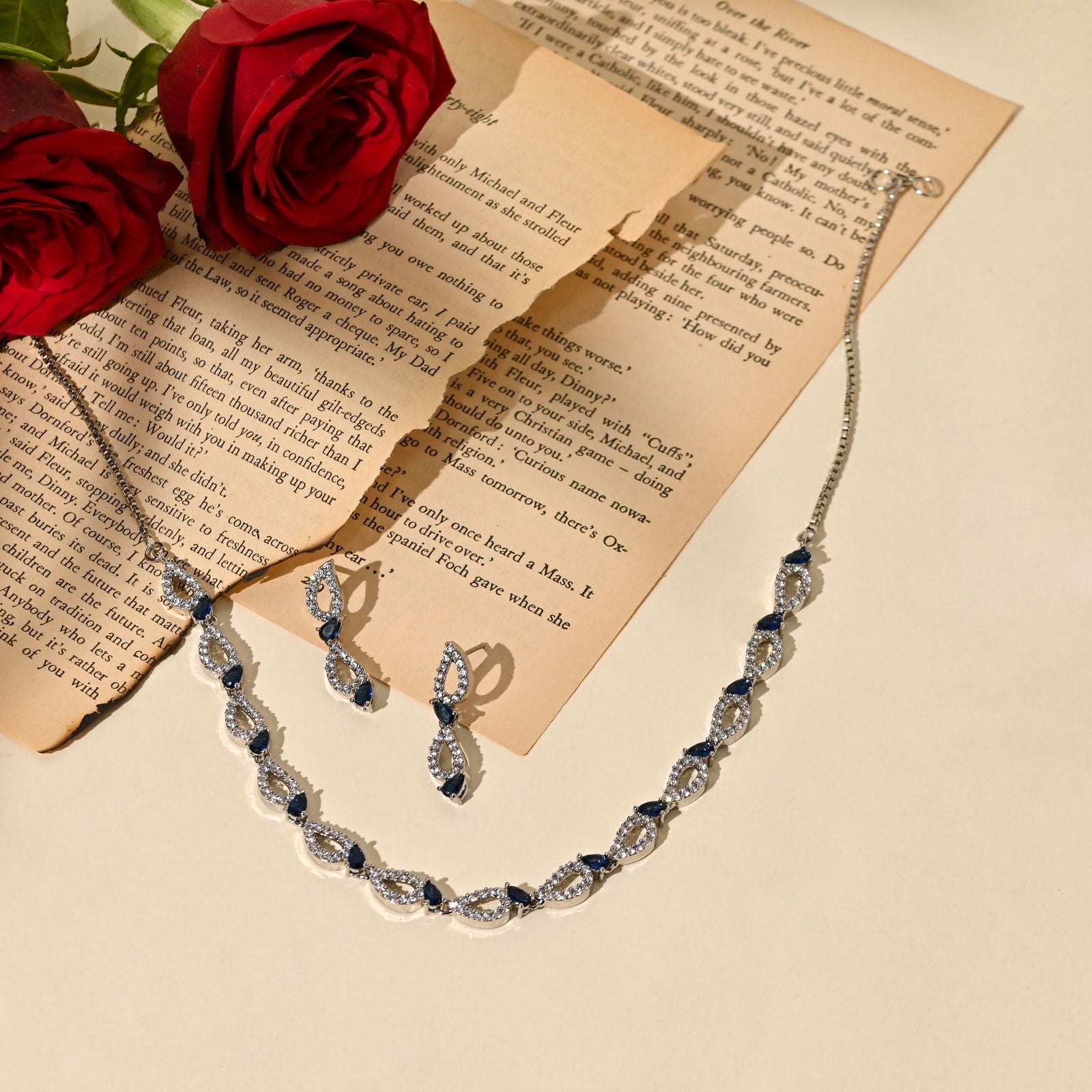 Blue Sapphire Necklace with Earrings with American Diamonds in Silver Rhodium Plating