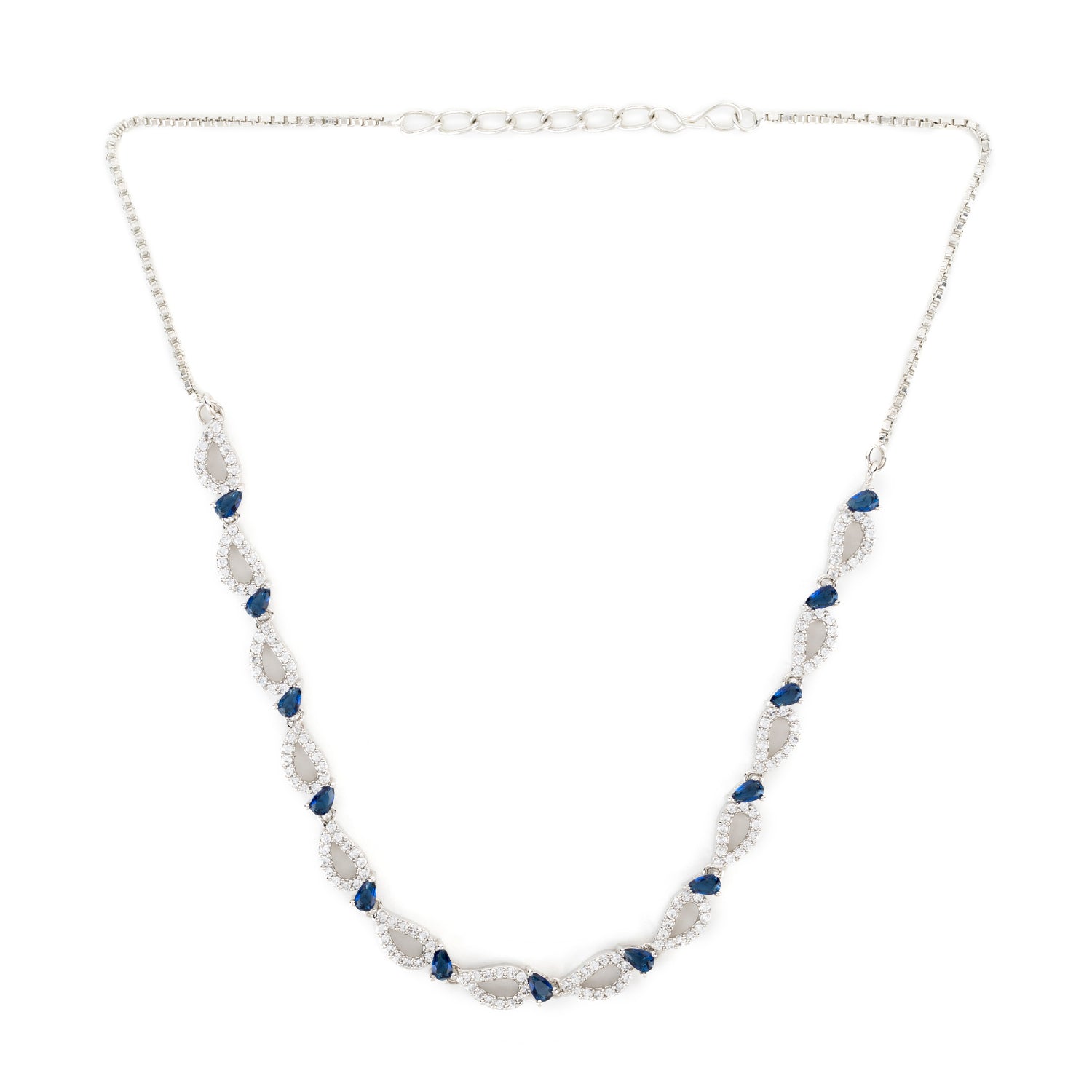 Blue Sapphire Necklace with Earrings with American Diamonds in Silver Rhodium Plating