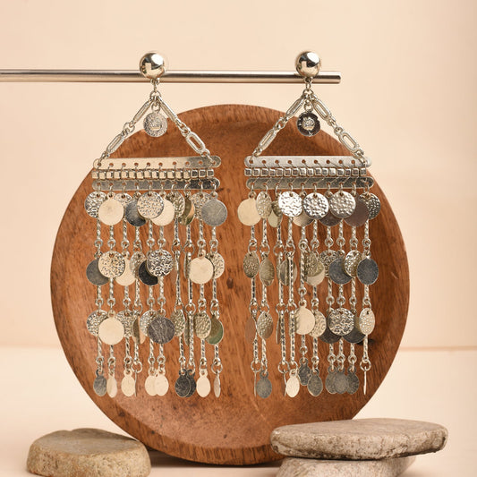 Bohemian Earrings with Silver Coin Charms & Chains