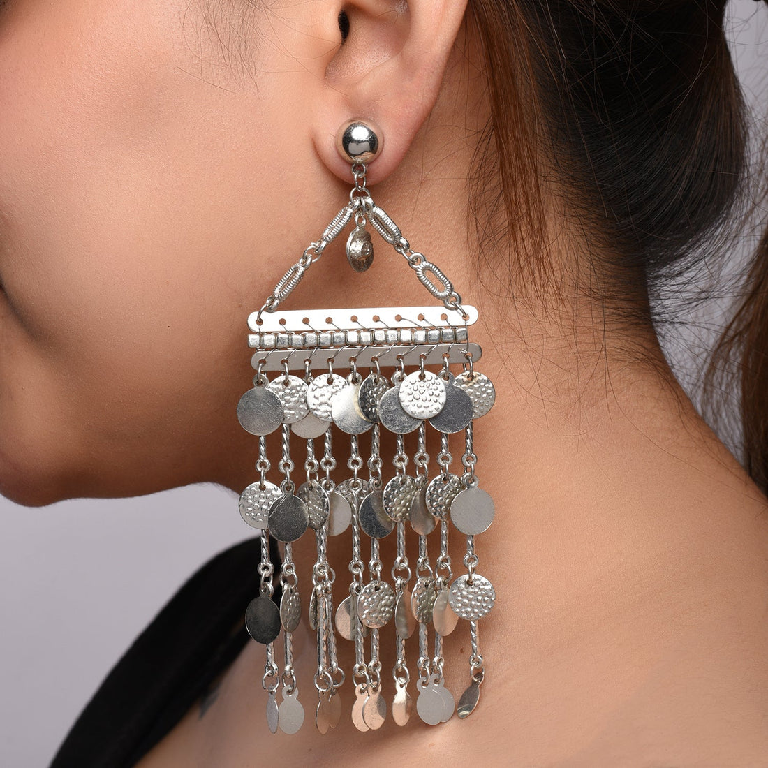 Bohemian Earrings with Silver Coin Charms & Chains