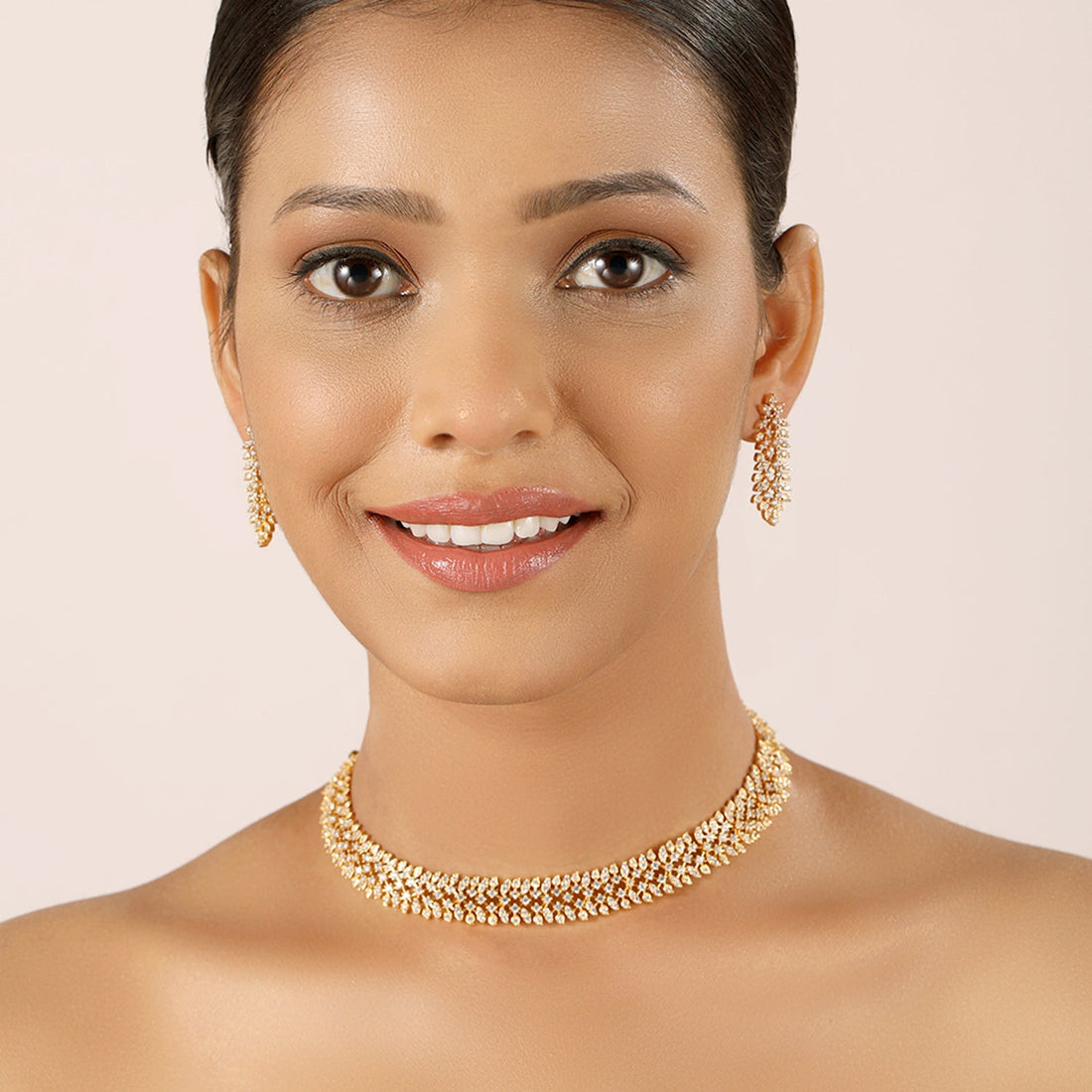 Classic White Micro Diamond Studded Chain Necklace Set With Earrings