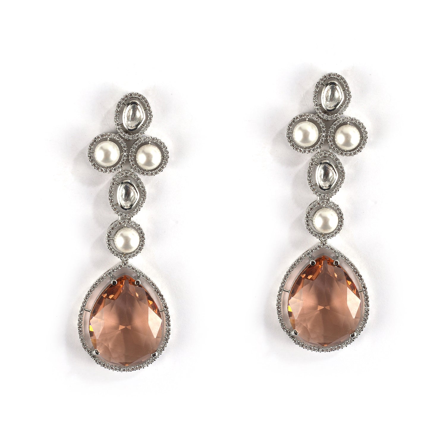 Crystal and Pearl Cascade Dangler Earrings with Cubic Zirconia