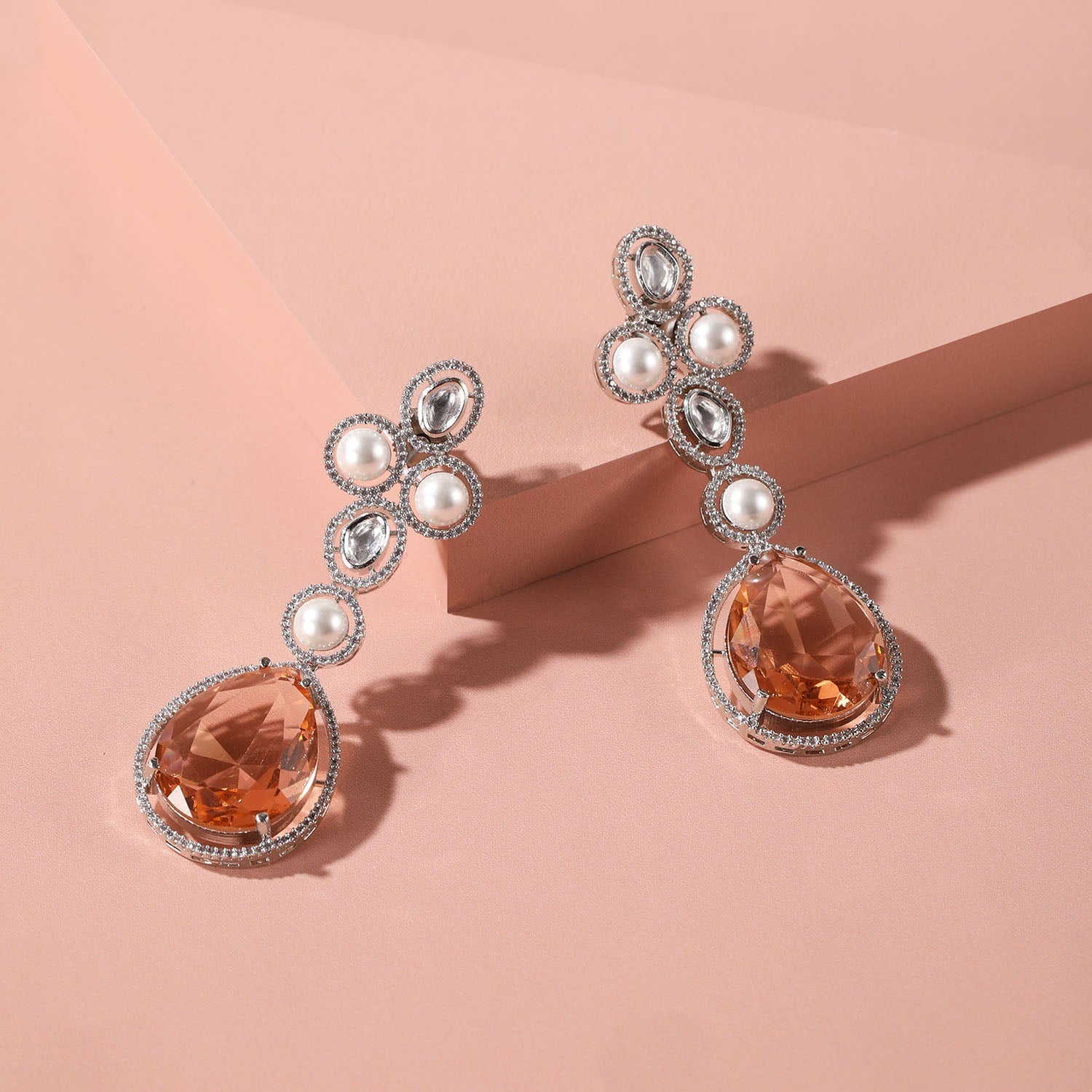 Crystal and Pearl Cascade Dangler Earrings with Cubic Zirconia