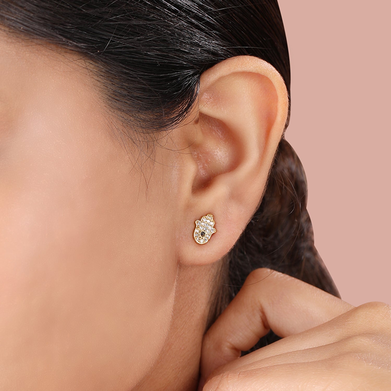 Cubic Zirconia AD Hamsa Evil Eye Stud Earrings