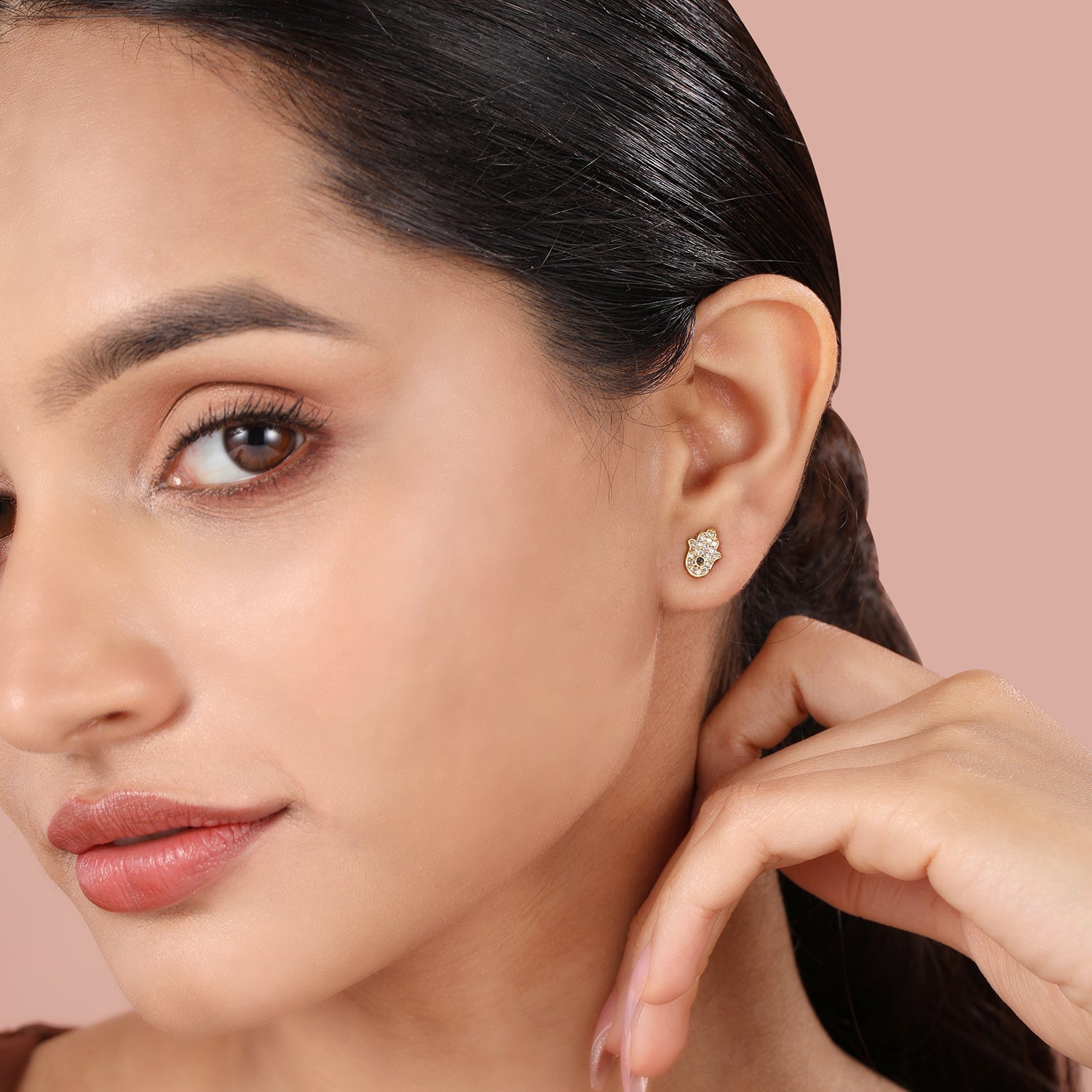 Cubic Zirconia AD Hamsa Evil Eye Stud Earrings