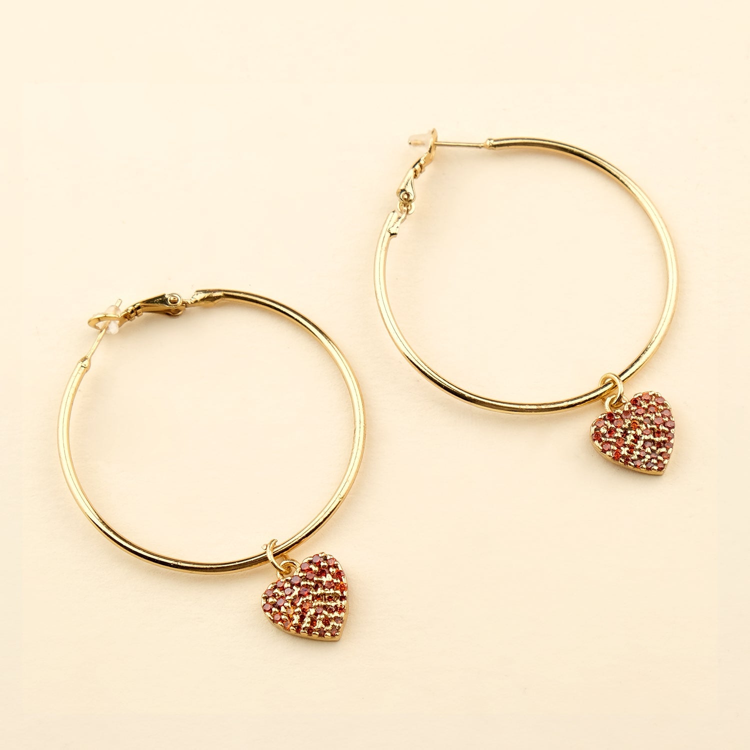 Cubic Zirconia Red Diamonds Heart Hanging Hoops Earrings