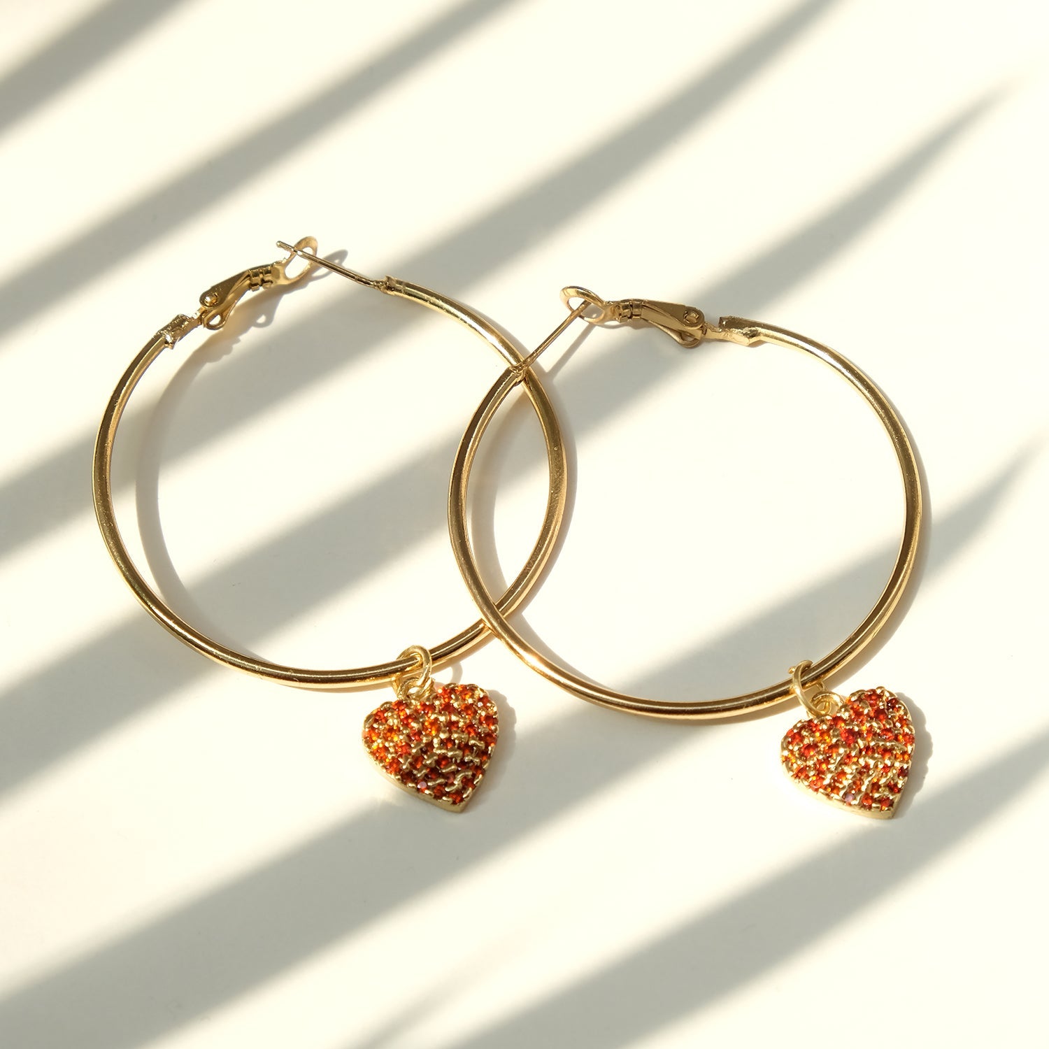 Cubic Zirconia Red Diamonds Heart Hanging Hoops Earrings