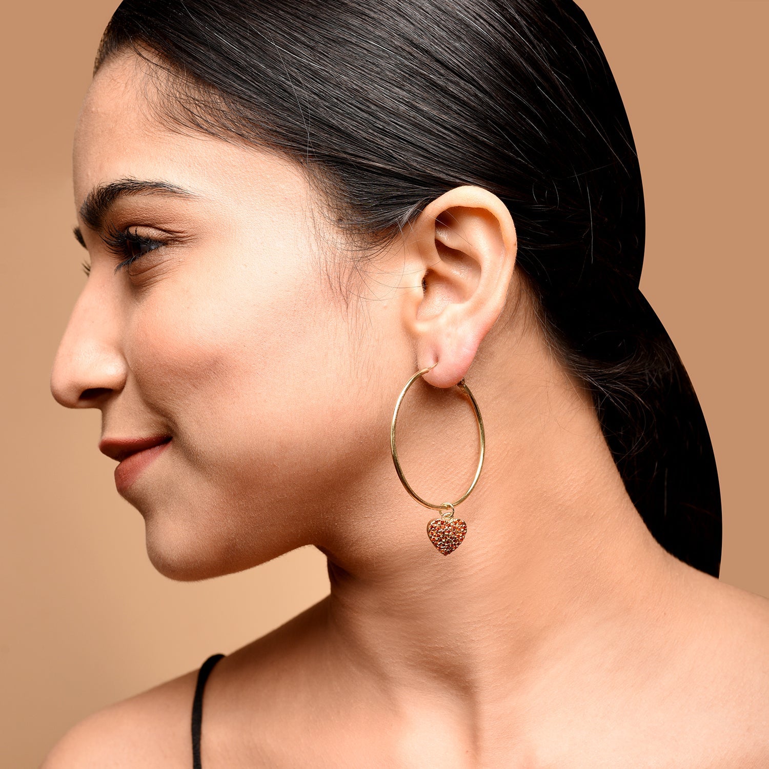 Cubic Zirconia Red Diamonds Heart Hanging Hoops Earrings