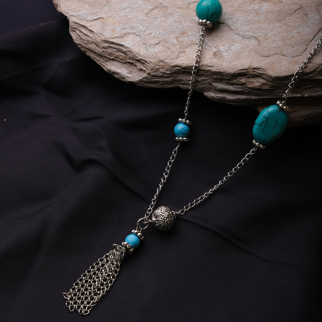 Silver Turquoise Beads Long Necklace