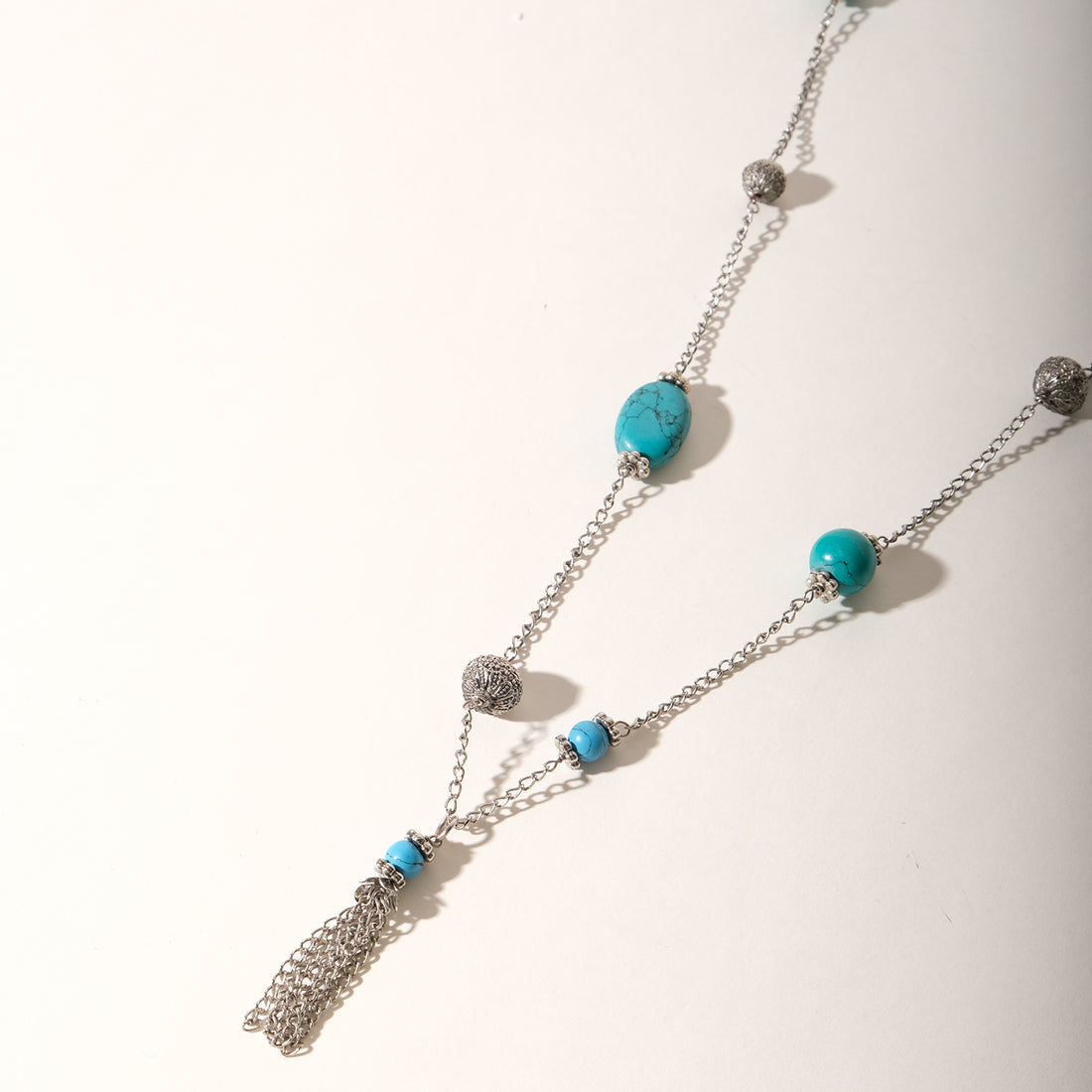 Silver Turquoise Beads Long Necklace