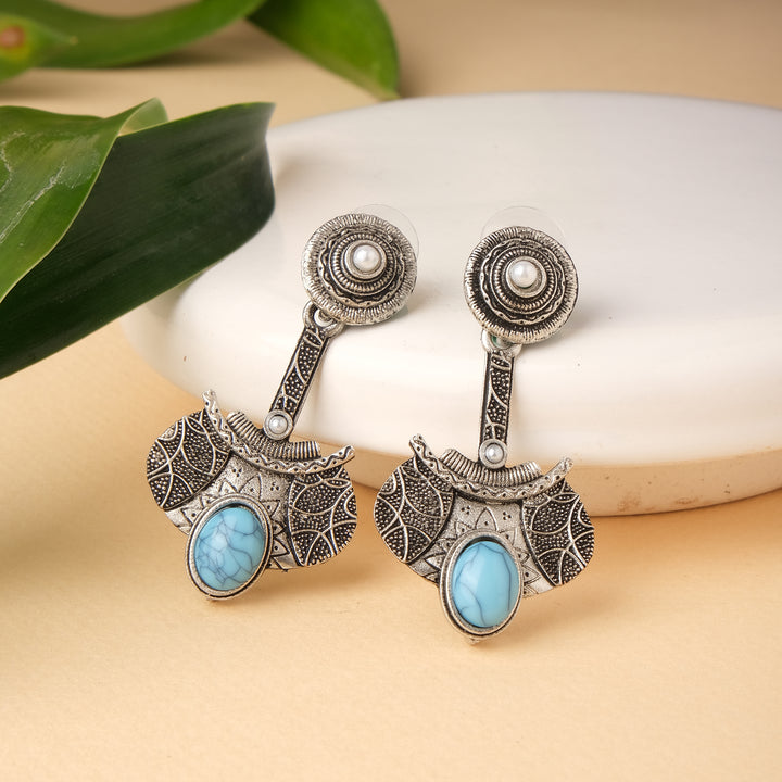 Vintage Blue Studded Oxidised Silver Earrings