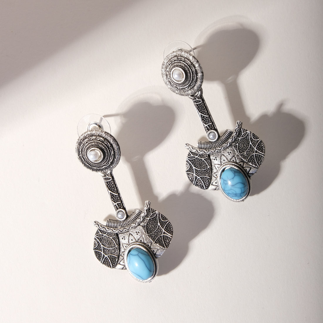 Vintage Blue Studded Oxidised Silver Earrings