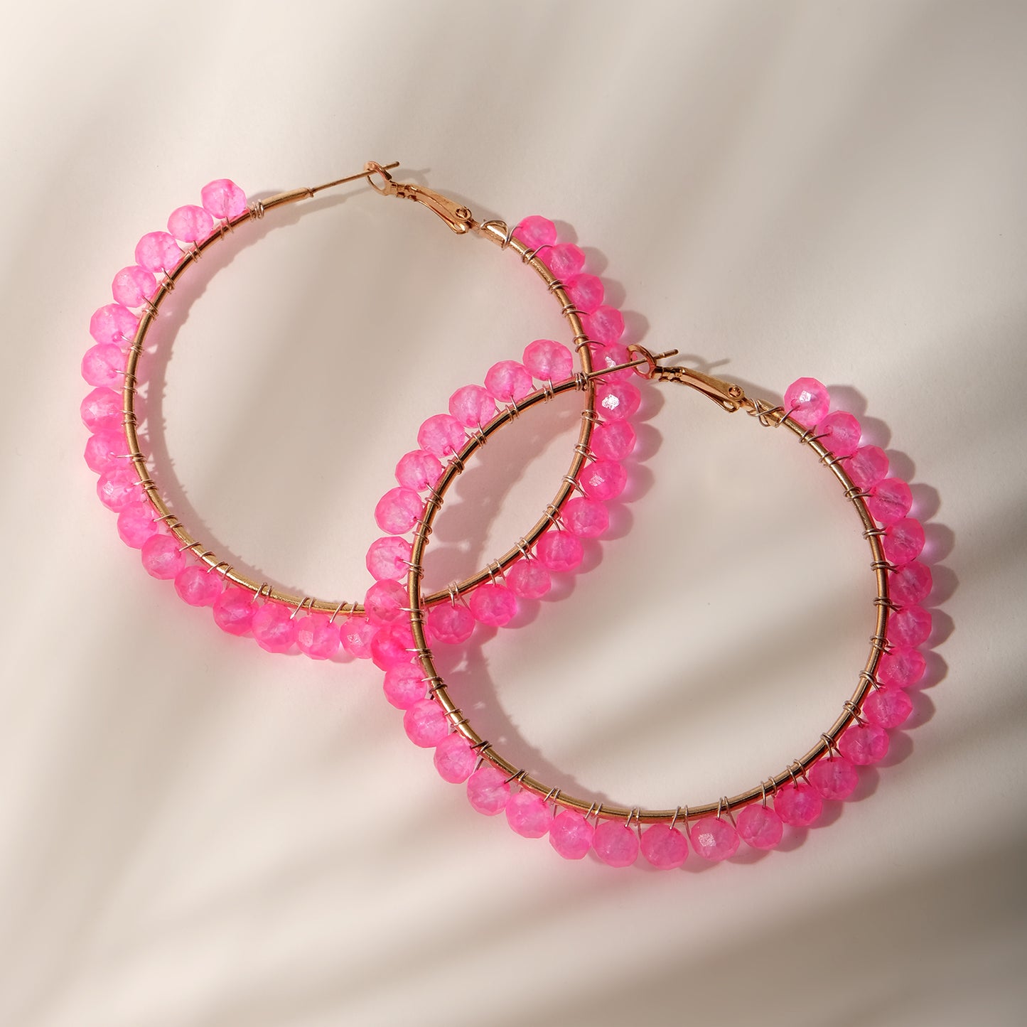 Electric Pink/Electric Blue Beaded Hoop Earrings