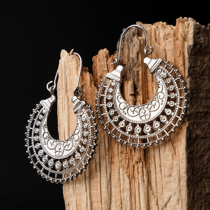 Silver Carved Hoop Earrings