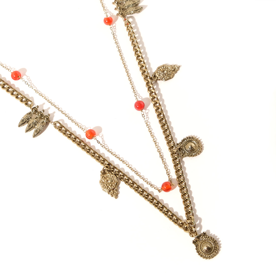 Semi-Precious Antique Coral Charms Layered Necklace