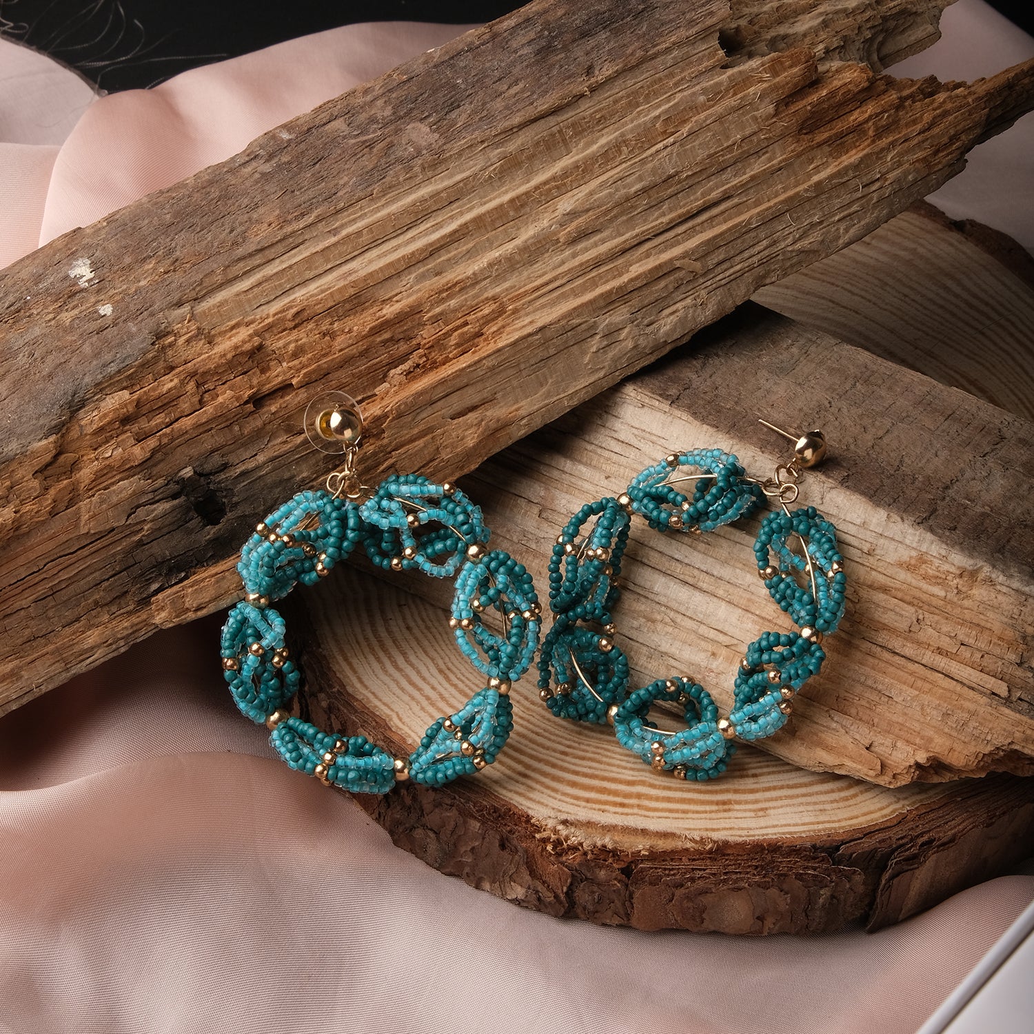 Teal Beaded Circular Stud Earrings