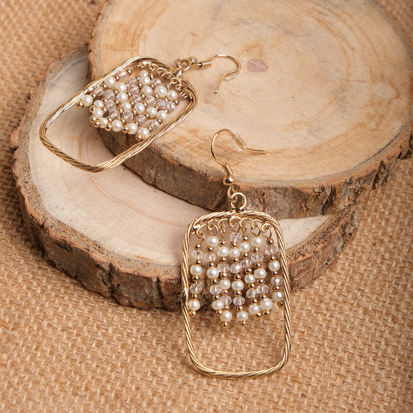 Golden Square Beaded Dangler Earrings